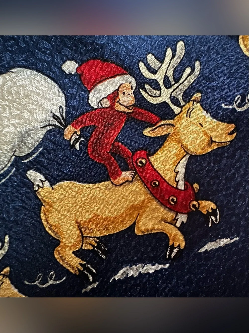 RM Holidays neck tie 100% silk Curious George with reindeer